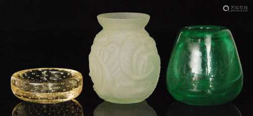 A group of 1930s glass comprising a French vase with relief moulded fish to a satin opal ground