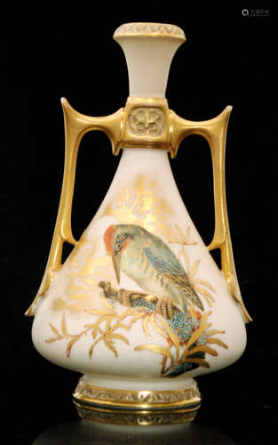 A late 19th Century Royal Worcester twin handled shape 1021 vase decorated with a gilt and enamel woodpecker perched upon a branch against a gilt moonlit sky in the style of Charlie Baldwin