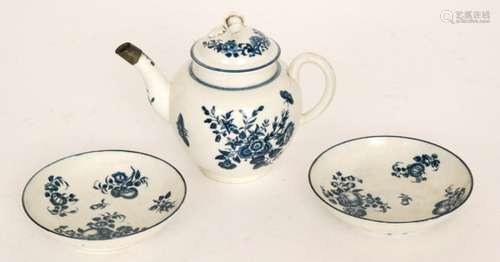 A late 18th Century First Period Worcester teapot of globular form decorated in the blue and white Three Flowers pattern