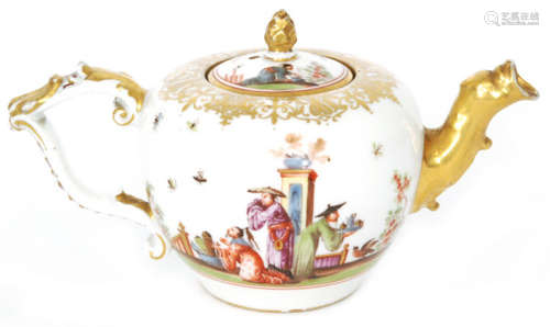 An 18th Century Meissen porcelain Chinoiserie teapot and cover of bullet form with dragon spout and tau handle