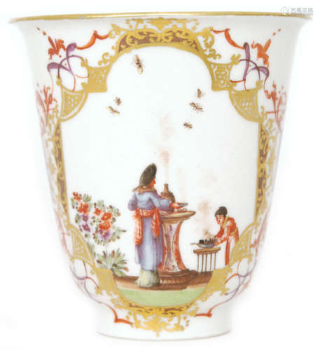 An 18th Century Meissen porcelain Chinoiserie beaker hand painted in the manner of J.G Horoldt with scenes similar to the Schulz Codex