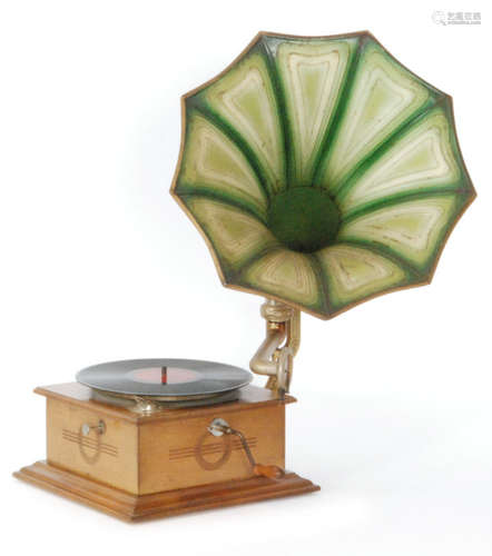 A 1920s Dulcephone oak cased horn gramophone with painted tin horn and Tresor sound box and handle