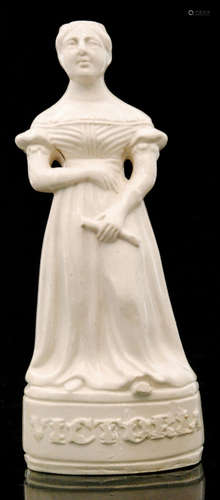 A 19th Century Stephen Green salt glaze decanter bottle modelled as Queen Victoria holding a scroll and titled Victoria to the oval base