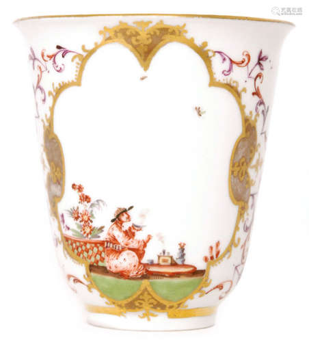 An 18th Century Meissen Chinoiserie beaker decorated with two hand painted cartouche panels in the manner of J.G Horoldt with scenes similar to the Schulz Codex