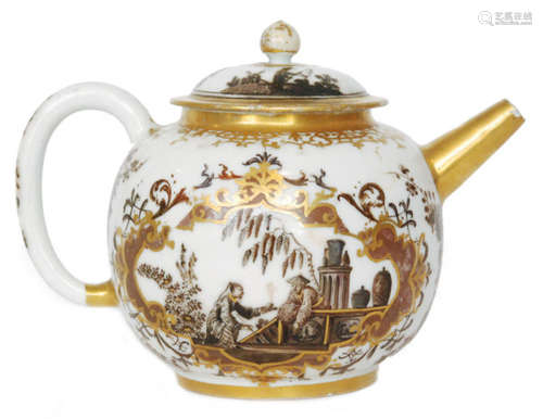 An 18th Century Meissen Chinoiserie porcelain teapot and cover of bullet form with a squat spout and loop handle