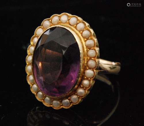 A Victorian 9ct amethyst and seed pearl ring