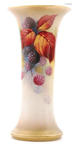 A Royal Worcester shape G923 trumpet vase decorated by Kitty Blake with hand painted autumnal fruits and foliage against a pale ground