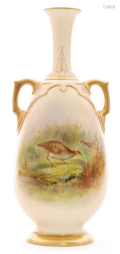 A Royal Worcester twin handled shape 1762 footed vase panel decorated by Johnson with two hand painted grouse amidst grasses