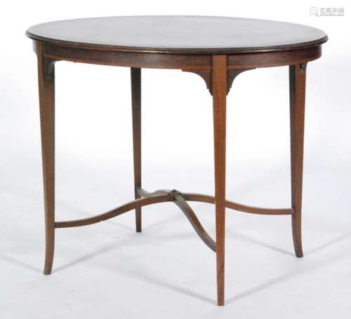 An Edwardian oval inlaid and satinwood crossbanded centre table on slender splayed legs united by a cross stretcher