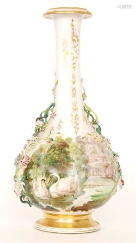 A 19th Century Coalbrookdale style floral vase decorated to the belly with hand painted swans to one side and to the reverse with a spray of flowers