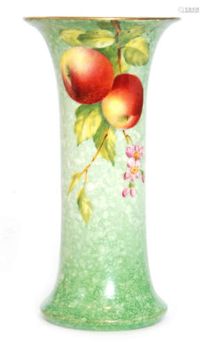 A Royal Worcester shape G923 flared vase decorated by Townsend with hand painted apples and strawberry blossom against a green bubble effect ground