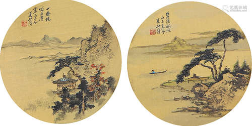 夏仲清 山水小品 （两幅） 镜框