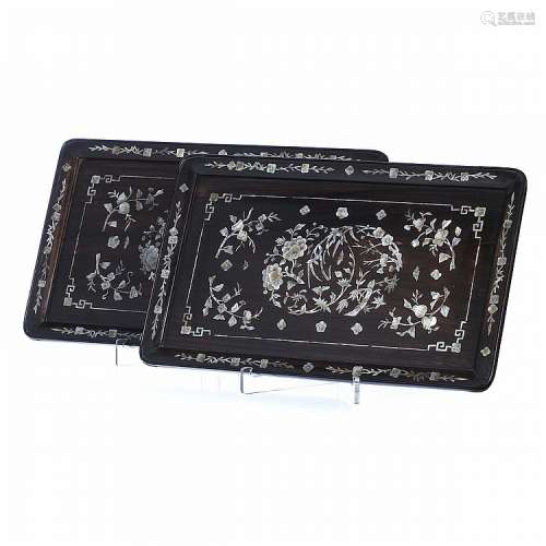 Pair of hongmu trays with mother of pearl inlay