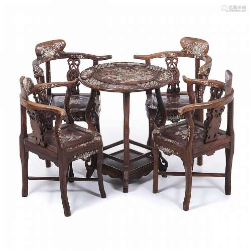 Table and four chairs in hongmu with mother of pearl