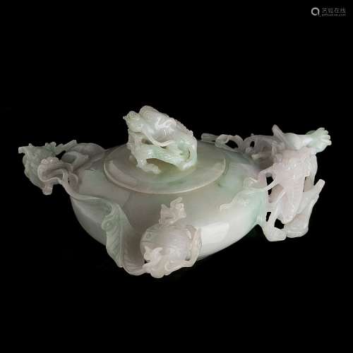 Chinese Minguo jadeite censer with qilin and dragons
