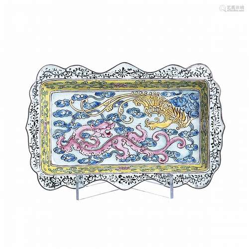 Chinese Canton enamel dragon metal tray