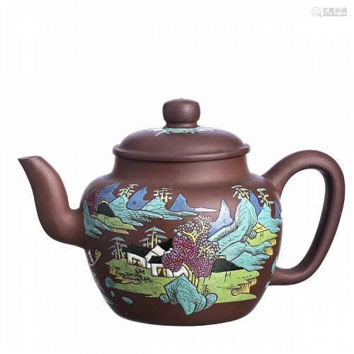 Large teapot with a 'landscape' in Chinese Yixing ceramics