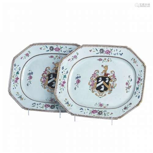 Pair of Chinese Armorial porcelain platters, Arms of Skinner