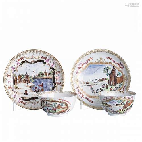 Pair of Meissen style Chinese porcelain cups and saucers, Qianlong