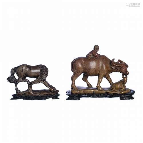 Chinese hardstone Horse and Buffalo carvings