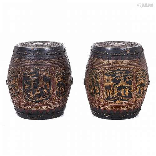 Pair of chinese coromandel lacquered container stools
