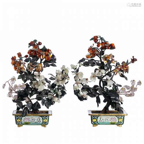 Pair of Chinese miniature trees with hard stones, Republic