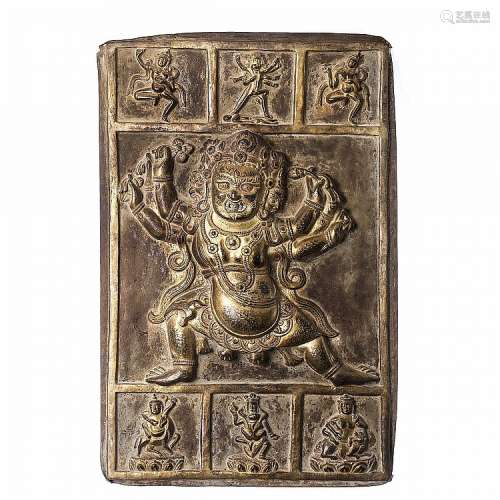 Tibetan Mahakala plaque in golden copper