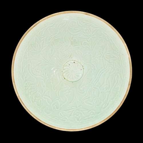 Song Dynasty, Dingyao A Powder-Blue-Glazed Stencil-Decorated Figures Lotus Pond Dish 宋 定窑粉蓝釉印花人物荷池罔口盘