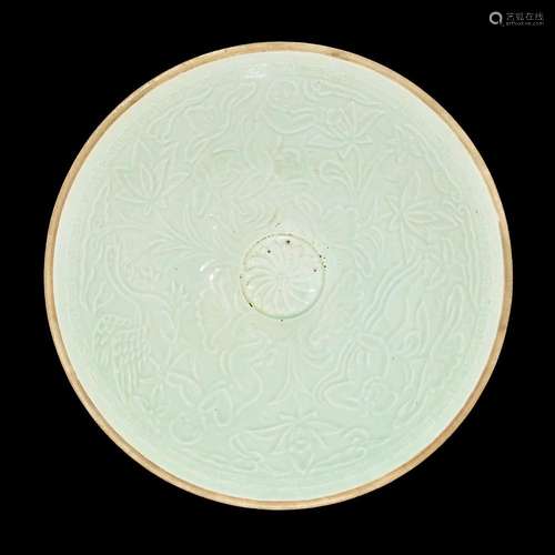 Song Dynasty, Dingyao A Powder-Blue-Glazed Stencil-Decorated Figures Lotus Pond Dish 宋 定窑粉蓝釉印花人物荷池罔口盘