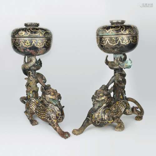 Warring States, A Pair of Rare Gold and Silver-inlaid Bronze Bixie-Form Ritual Vessel, Dou 战国 青铜金银错辟邪擎螭龙柱豆(一对)