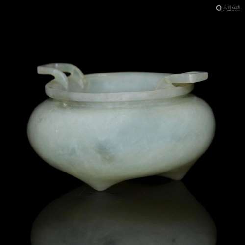 Qing Dynasty, A Finely Carved Hetian Jade Tripod Censer 清 和田玉雕反耳三足炉