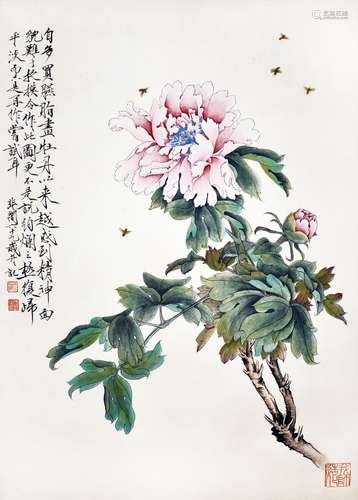 Yu Feian Peony and Bee 于非闇(1888 - 1959) 牡丹蜜蜂图