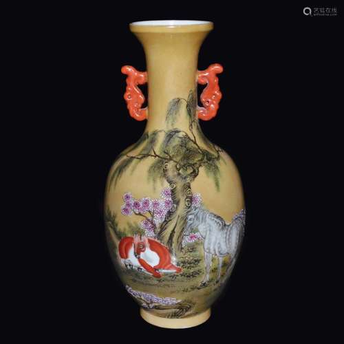 Lang Shining, (Giuseppe Castiglione) A superbly Enameled Yellow-Ground Falangcai Twin-Horse Vase with Fish Ear Handles 清 郎世宁 珐琅彩黄地柳下双骏诗句鱼耳瓶