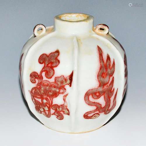 Yuan Dynasty, A Rare Copper Red Hexagonal Vase with Double-Loops 元 釉里红六夔花卉火舌纹双系繫瓶