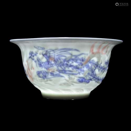 Ming Dynasty, White-Glazed Anhua Inside Decorated Dragon and Phoenix Bowl 明 甜白釉内府暗刻龙凤青花红彩祭碗