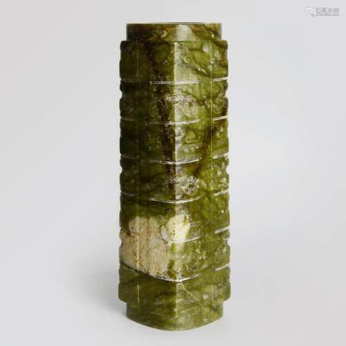 Neolithic, Liangzhu Culture Yellow-Olive Green Jade Cylinder, Zong 良渚文化(4000-4500年) 黄绿玉雕刻七叠人面玉琮