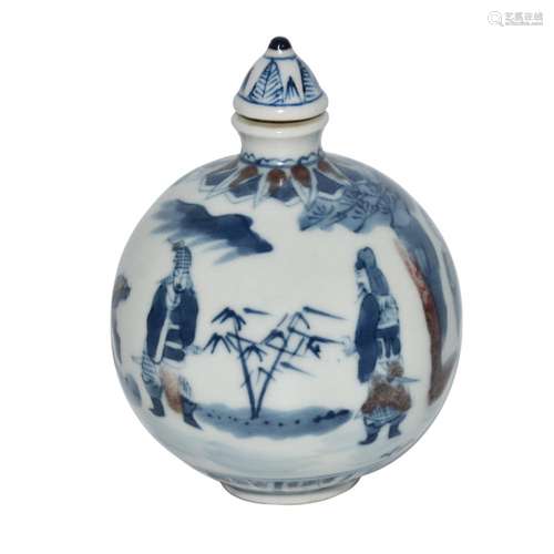 Qing, Qianlong Underglazed Blue with Copper-Red Porcelain Snuff Bottle with Figural Landscape 清 乾隆 青花釉里红瓷胎人物故事鼻烟壶