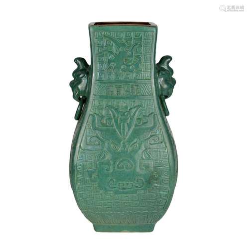 Qing, Yongzheng, A Rare Green-Glazed Relief Decorated Vase, Fang-Hu 清 雍正 绿釉浮雕兽首纹兽耳环方瓶