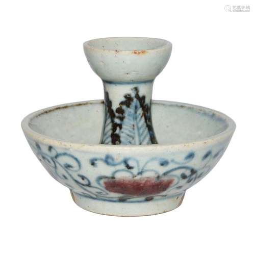 Small Underglazed Blue with Copper-Red Candlestick 青花釉里红缠枝花卉纹烛盘