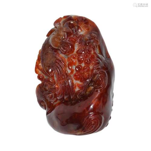 Red Jadeite Pebble Carving of Phoenix with Ruyi 红翡翠镂雕凤凰如意把玩