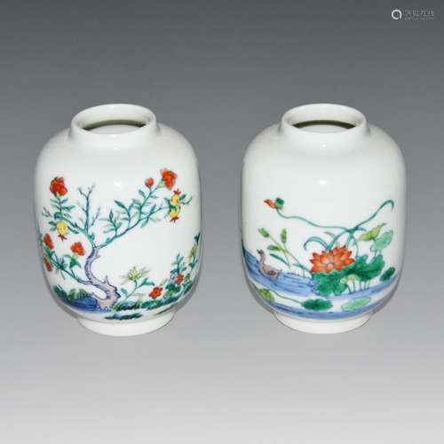 Qing, A Pair of Fine Doucai Lotus Pond Floral Lantern Vase 清 康熙 斗彩荷池花卉纹灯笼瓶一对