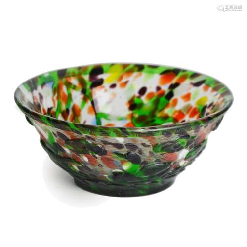 Qing, Qianlong, A Very Rare Green Glass Overlay with Multi-Color Aquatic Scene Bowl 清 乾隆 套料七彩浮雕柳花春燕游鹅碗