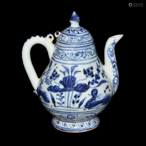 Yuan Dynasty, A Blue and White Lotus Pond Ewer 元 青花荷池鸳鸯纹执壶