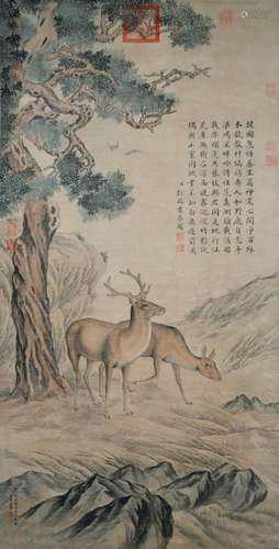 Giuseppe Castiglione Qian Weicheng Qing Dynasty Twin Deer under Cypress 清 郎世宁、钱维城(1688 - 1766) (1720 - 1772) 栢阴双鹿图