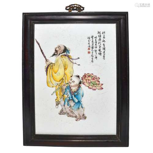 A Famille-Rose Enameled Porcelain Plaque depicting God of Longevity and Young Boy Wang Qi, dated by inscription to 1928 1928年作 王琦 粉彩人物瓷板