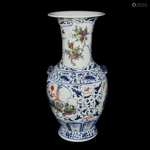 Ming Dynasty, A Rare and Large Wucai Underglazed Blue Floral Vase with Windows of Jixiang Auspicious Emblems 明 青花五彩叶纹开光花卉吉祥兽耳特大观音瓶