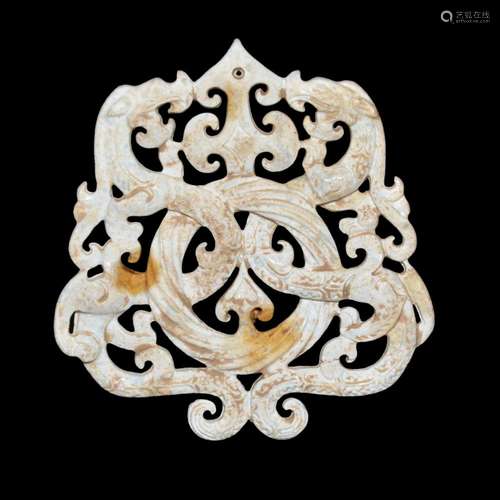 Shang Dynasty, A Chicken White Jade Reticulated Carved Qilin Pendant 商 鸡骨白玉镂雕螭龙佩