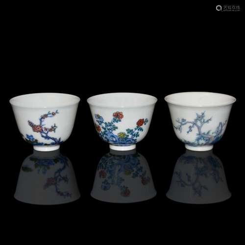 Qing, Kangxi, Three Doucai Floral Wine Cups 清 康熙 斗彩花神诗句杯三只