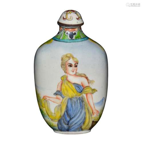 Qing, Qianlong A Famille-Rose Enamel on Copper Flask Snuff Bottle with Western Beauty 清 乾隆 铜胎画珐琅彩仕女风景图鼻烟壶