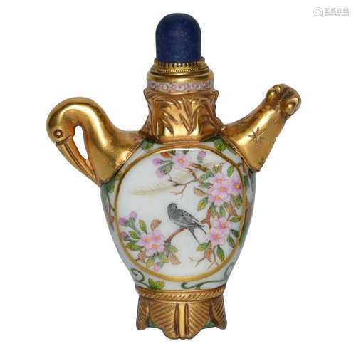 Qianlong Famille-Rose Gilt Painted White Glass Deer and Crane-Form Snuff Bottle with Floral Bird Motifs